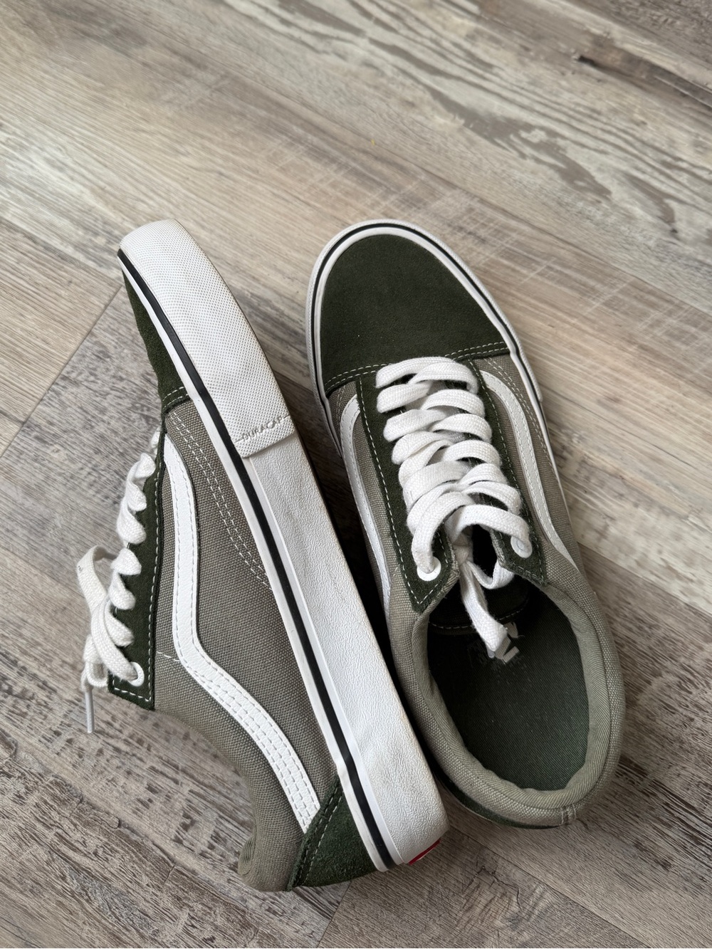 Vans Olive Green and White Low-Top Skate Sneakers